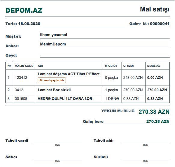 Depom.az adi satış qaiməsi
